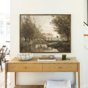 River Landscape Art | Vintage Countryside Canvas Print | Earth Tone Living Room Decor | N204