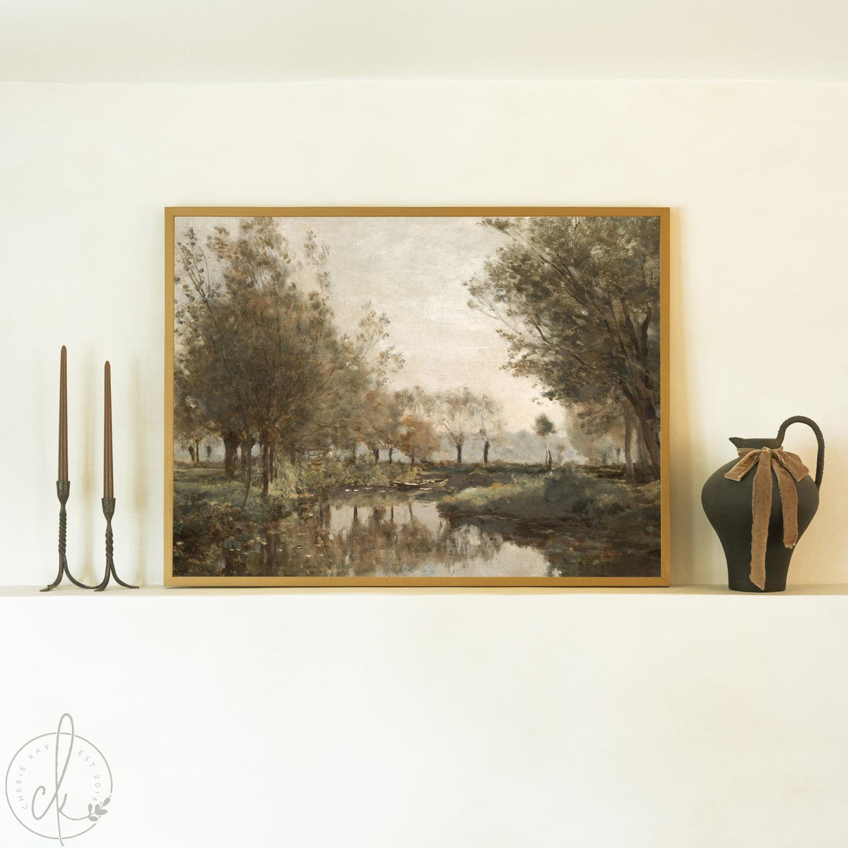 River Landscape Art | Vintage Countryside Canvas Print | Earth Tone Living Room Decor | N204
