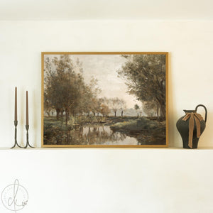 River Landscape Art | Vintage Countryside Canvas Print | Earth Tone Living Room Decor | N204