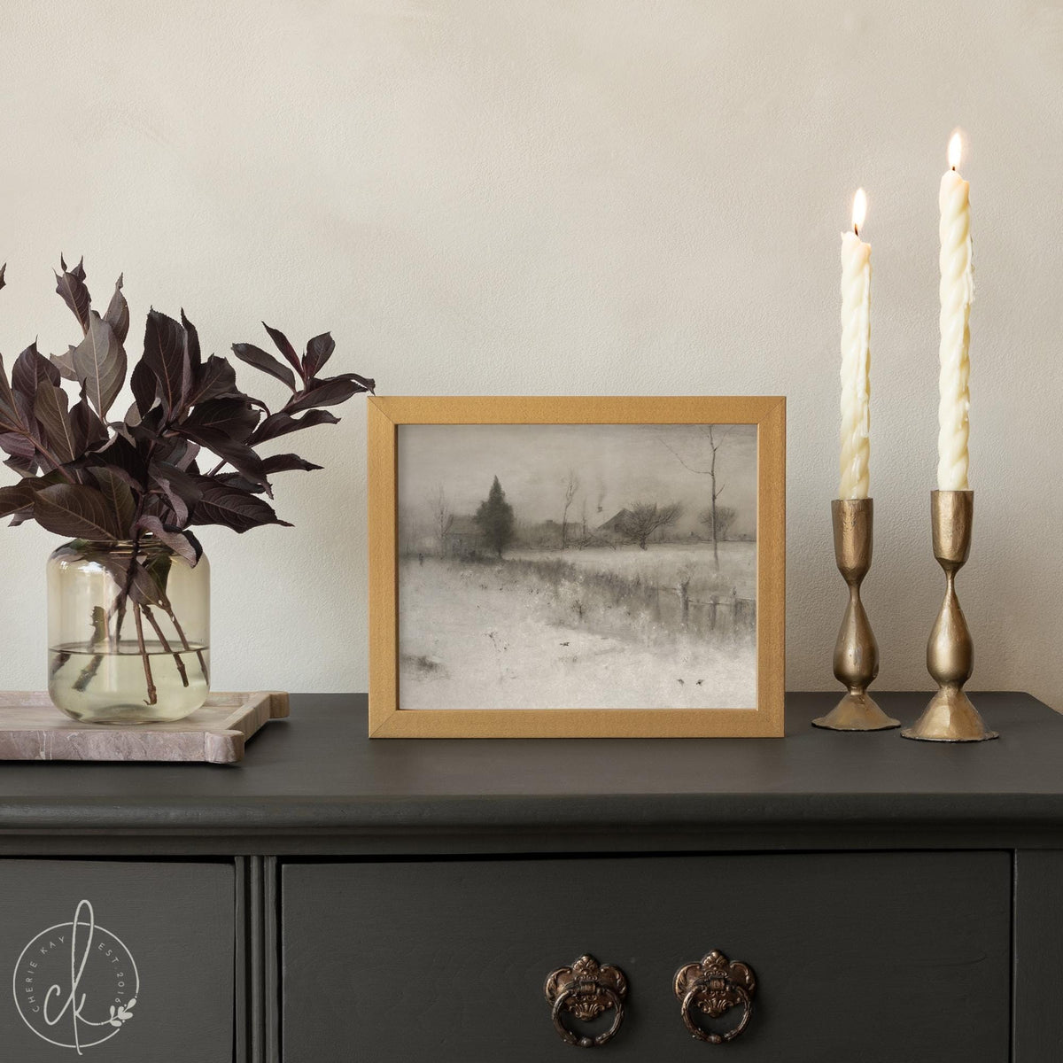 Snowy Landscape Painting | Large Neutral Wall Art | Framed Winter Landscape | N108