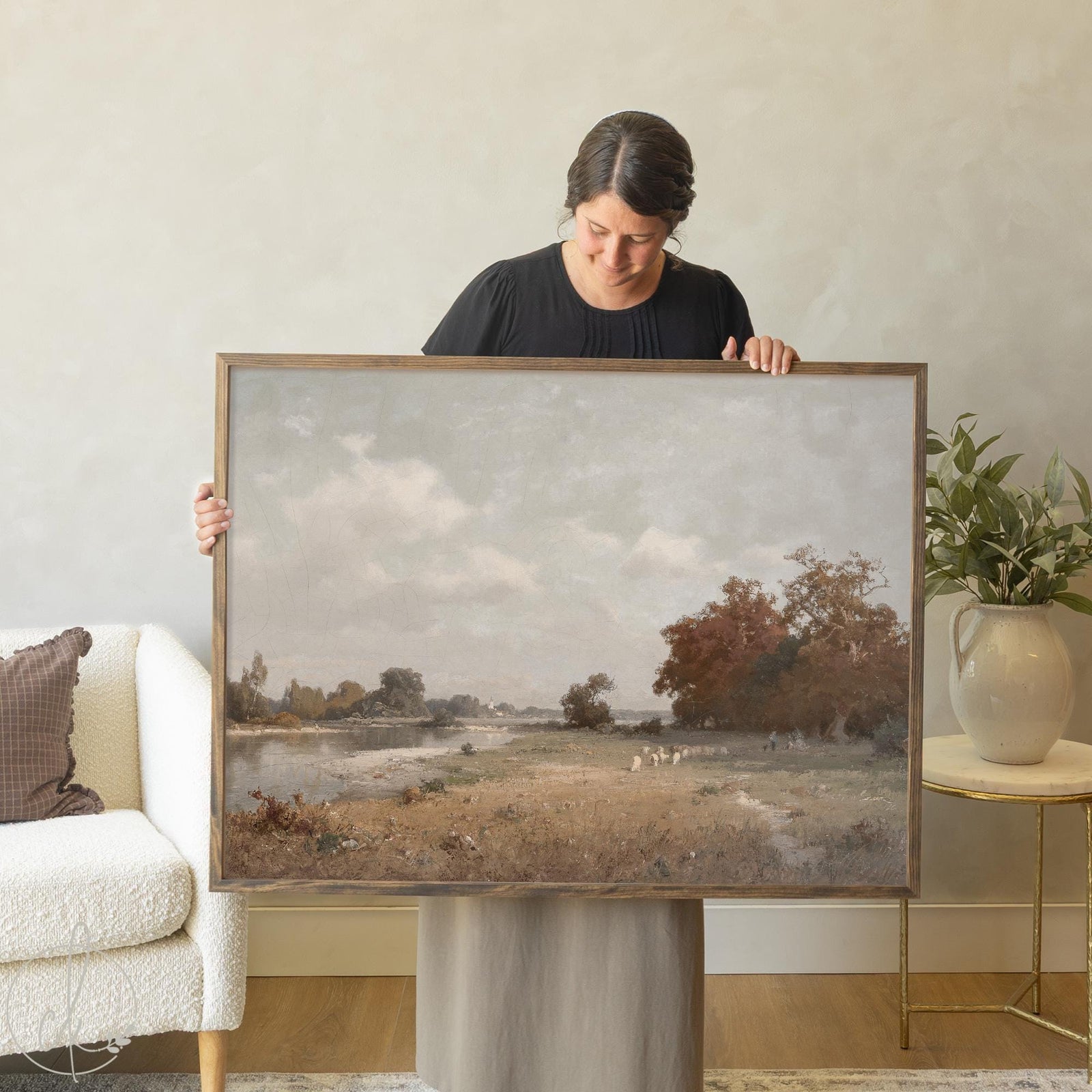 Fall landscape painting with vintage countryside scene framed canvas wall art