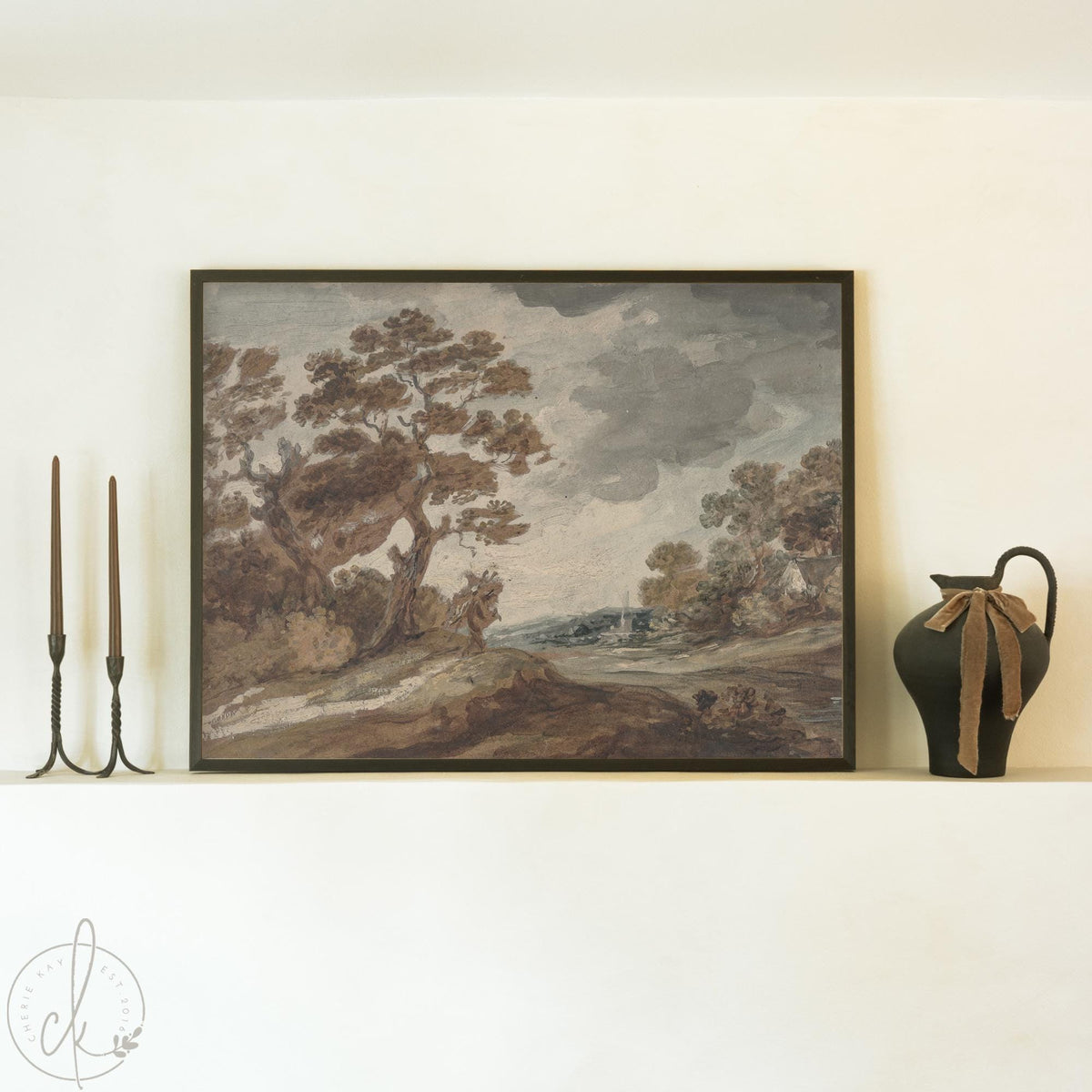 Autumn landscape painting by Gainsborough Dupont in natural wood frame, depicting fall countryside scene for living room wall decor.