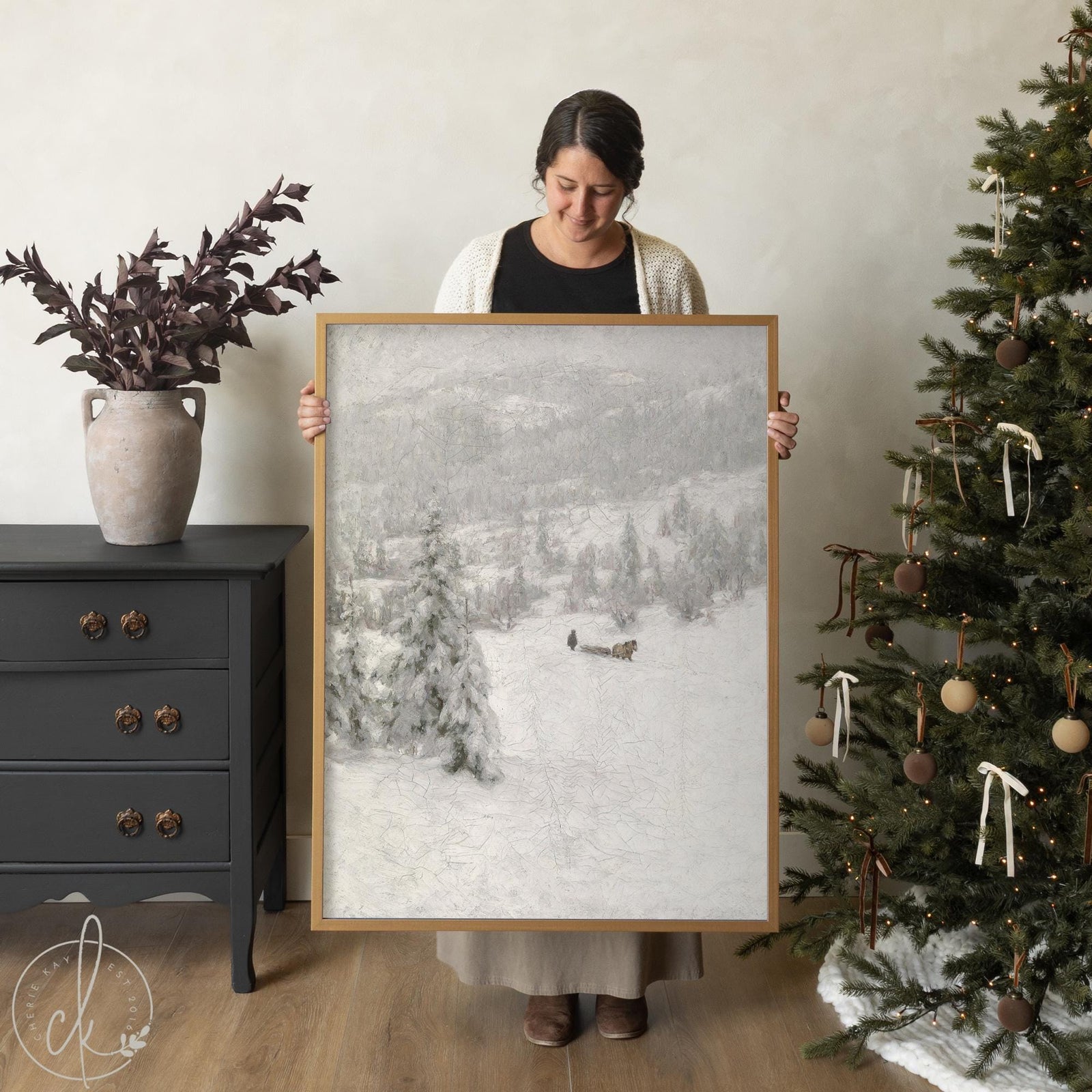 Snowy landscape painting framed winter wall art for Christmas living room decor