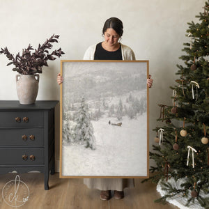 Snowy landscape painting framed winter wall art for Christmas living room decor