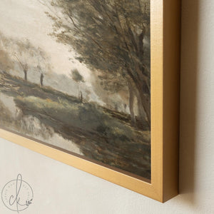 River Landscape Art | Vintage Countryside Canvas Print | Earth Tone Living Room Decor | N204
