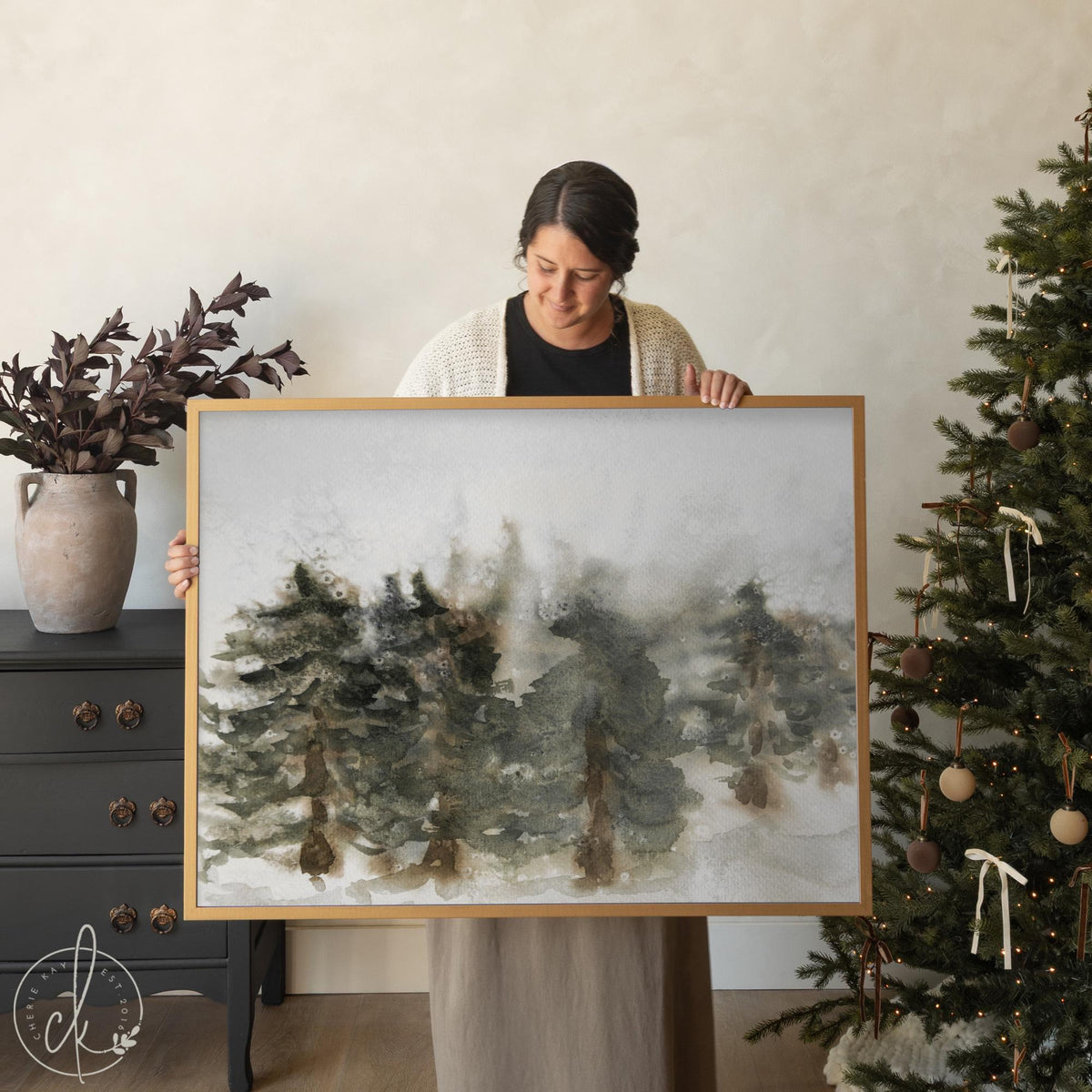 Pine Tree Wall Art | Winter Landscape Painting | Christmas Artwork | Large Framed Canvas Wall Decor | Snowy Forest Wall Art | N200