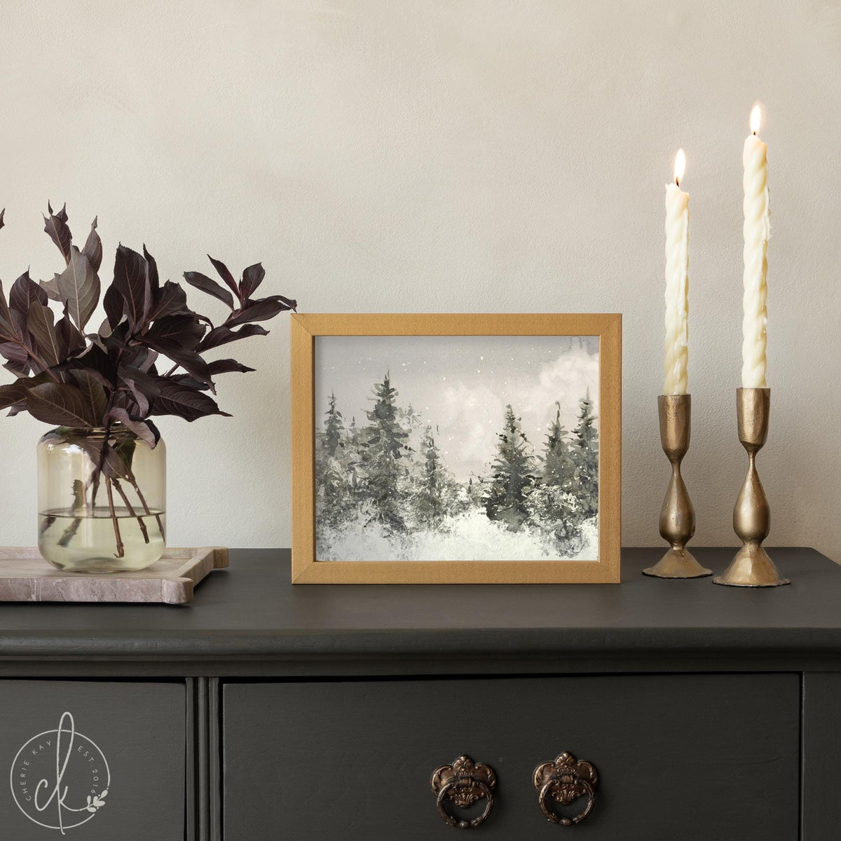 Christmas Tree Wall Art | Large Christmas Artwork for Living Room Decor | Snowy Pine Tree Painting | Entryway Christmas Wall Decor | N103