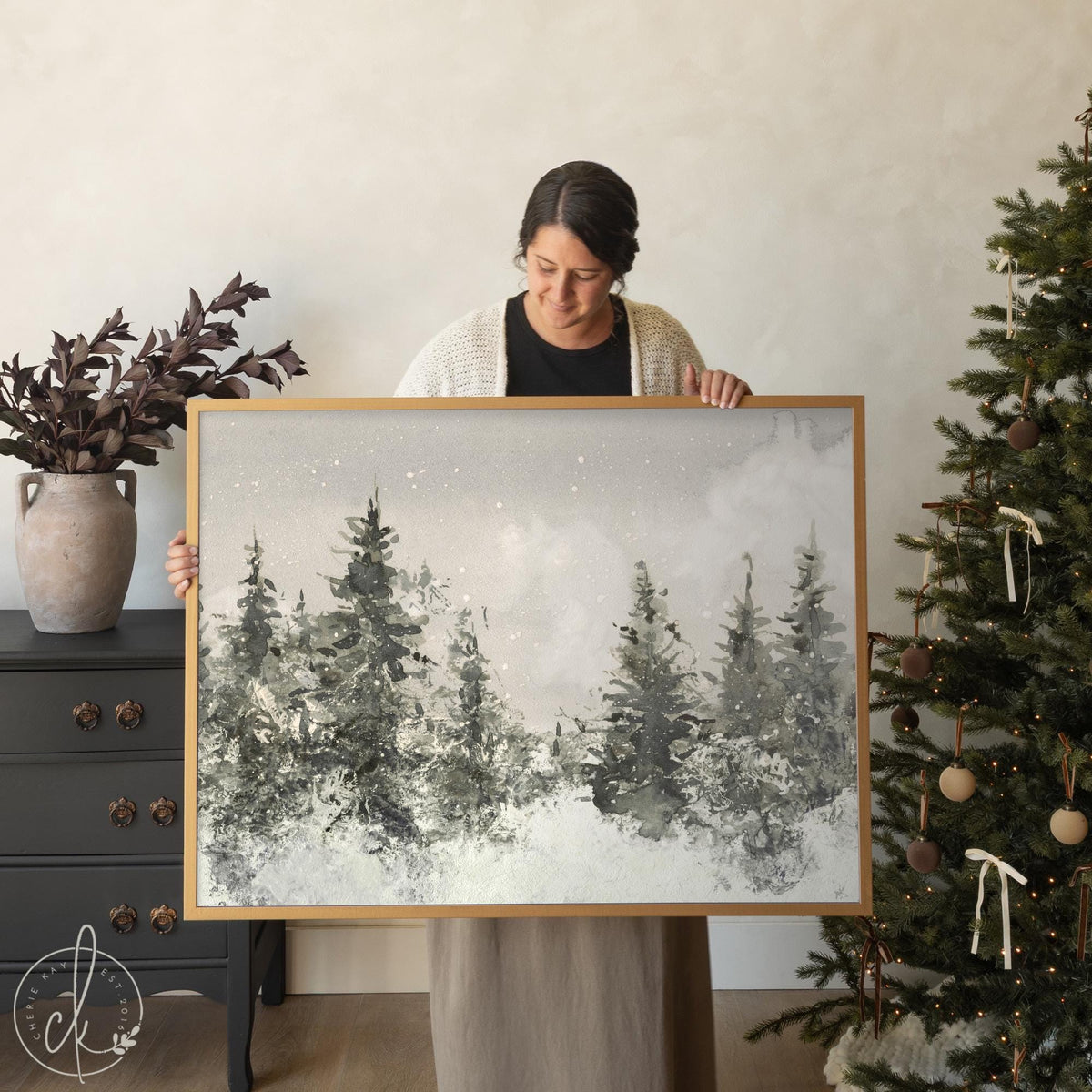 Christmas Tree Wall Art | Large Christmas Artwork for Living Room Decor | Snowy Pine Tree Painting | Entryway Christmas Wall Decor | N103
