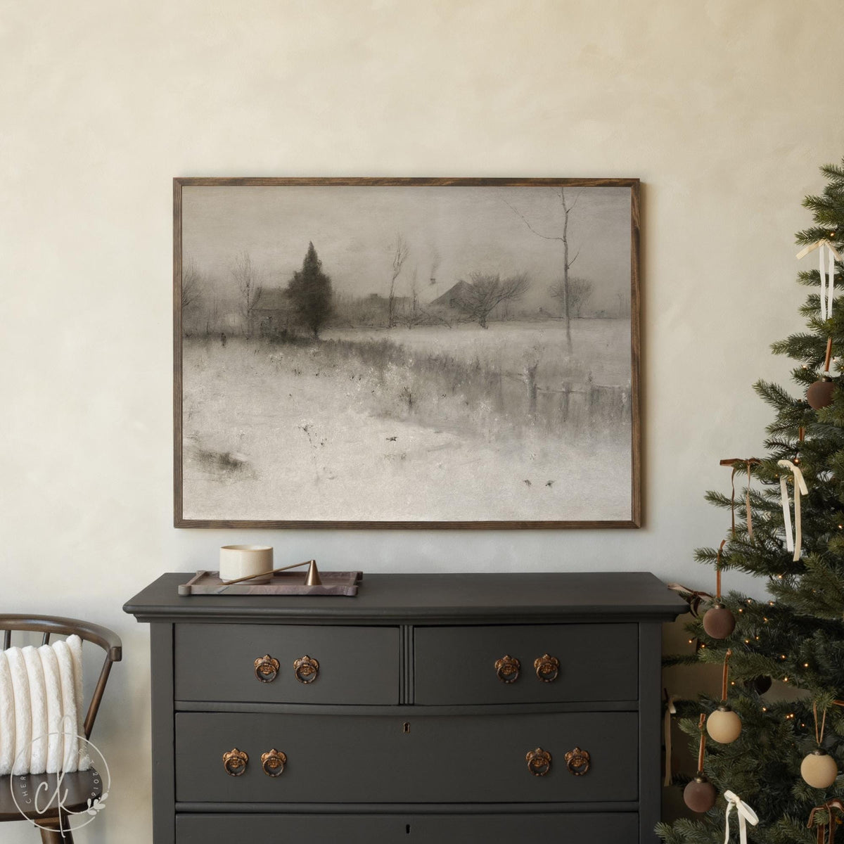 Snowy Landscape Painting | Large Neutral Wall Art | Framed Winter Landscape | N108