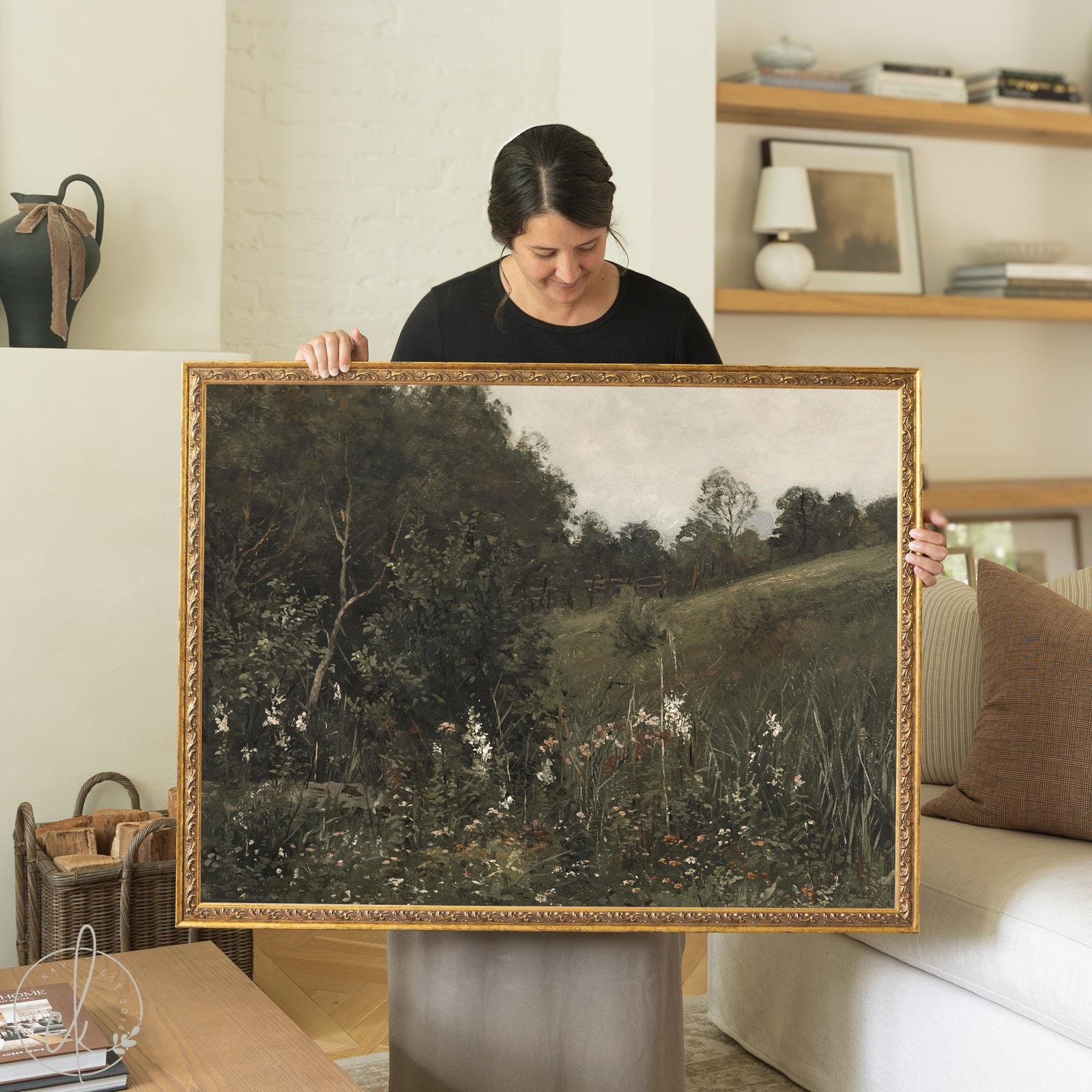 Vintage landscape painting of a wildflower meadow with trees in an ornate gold frame.