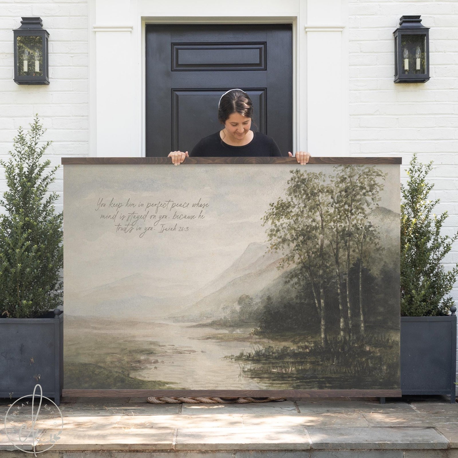 Large scripture wall art with Isaiah 26:3 Bible verse printed on a mountain landscape canvas