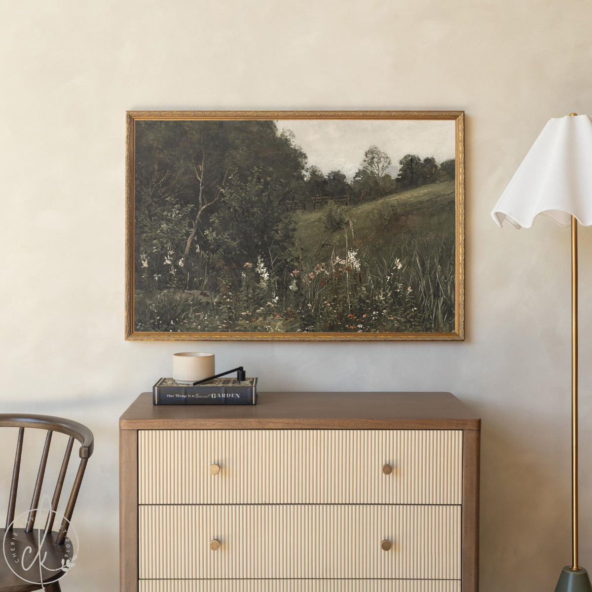 Vintage Landscape Painting | Wildflower Meadow Gold Framed Wall Art | N86