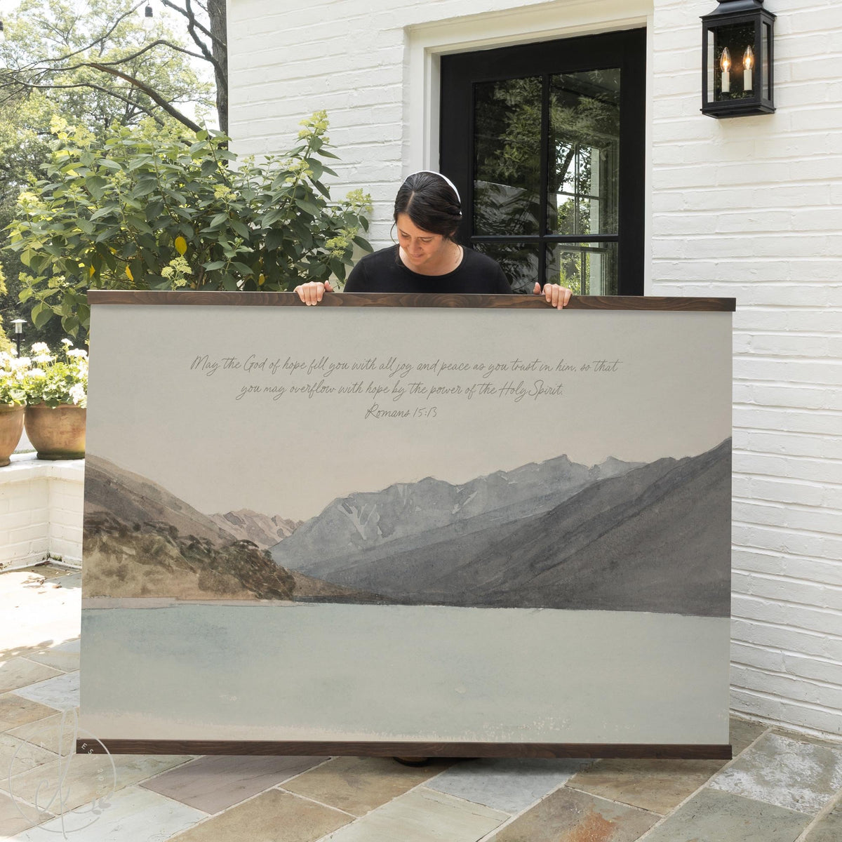 Mountain landscape wall art with Romans 15:13 scripture on large canvas tapestry.