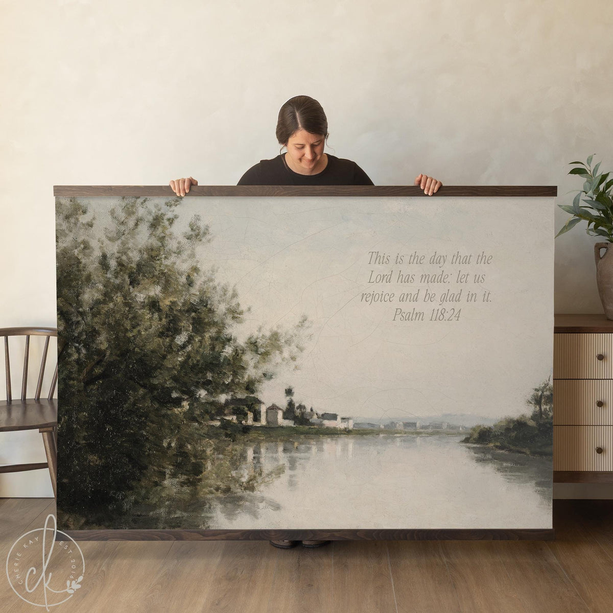 Large scripture wall art with Psalm 118:24 verse printed on canvas landscape with river view.