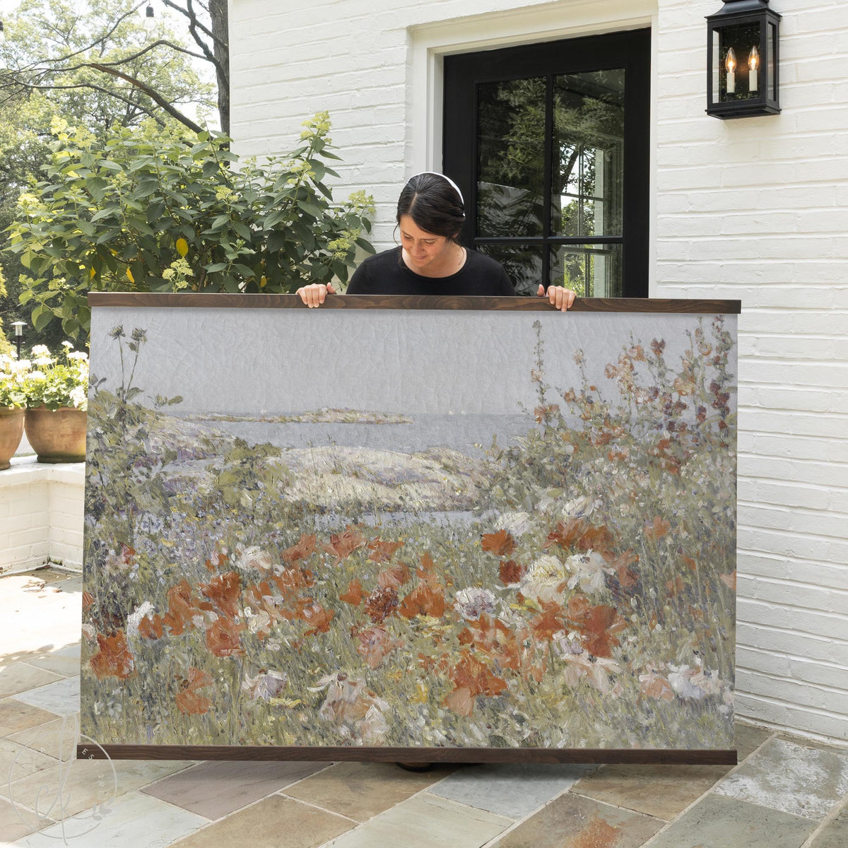 Large wall tapestry reproduction of a vintage landscape painting with coastal flowers and sea view by Childe Hassam.