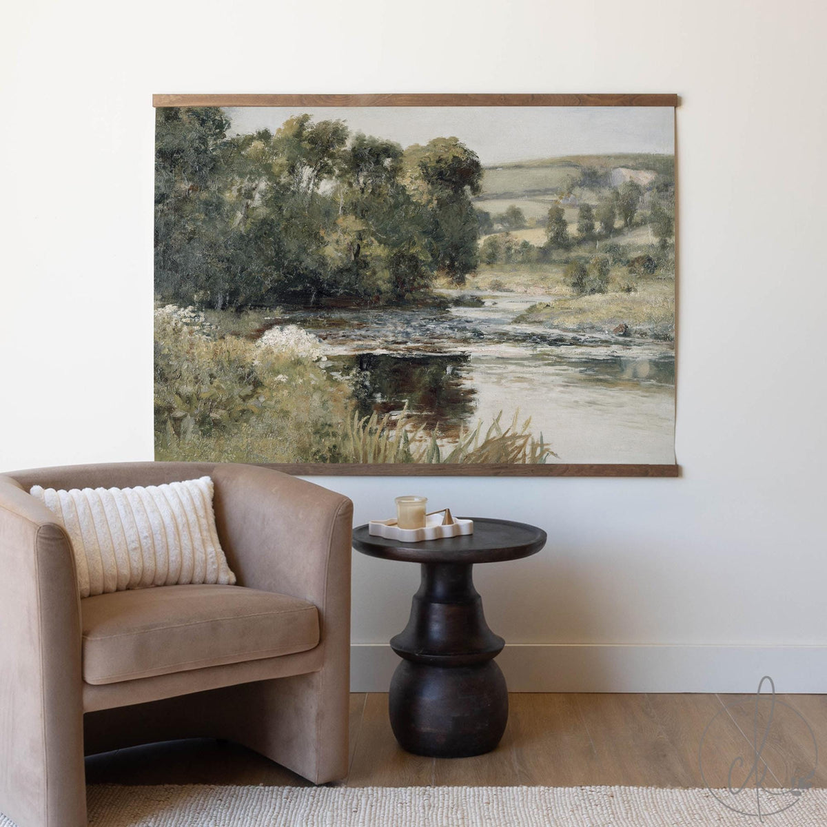 Nature Landscape Painting | Vintage River Canvas Wall Hanging | Large Green Wall Art | T114