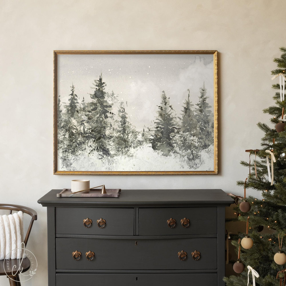 Winter Landscape Painting | Neutral Christmas Wall Decor | Framed Snowy Forest Art | N103