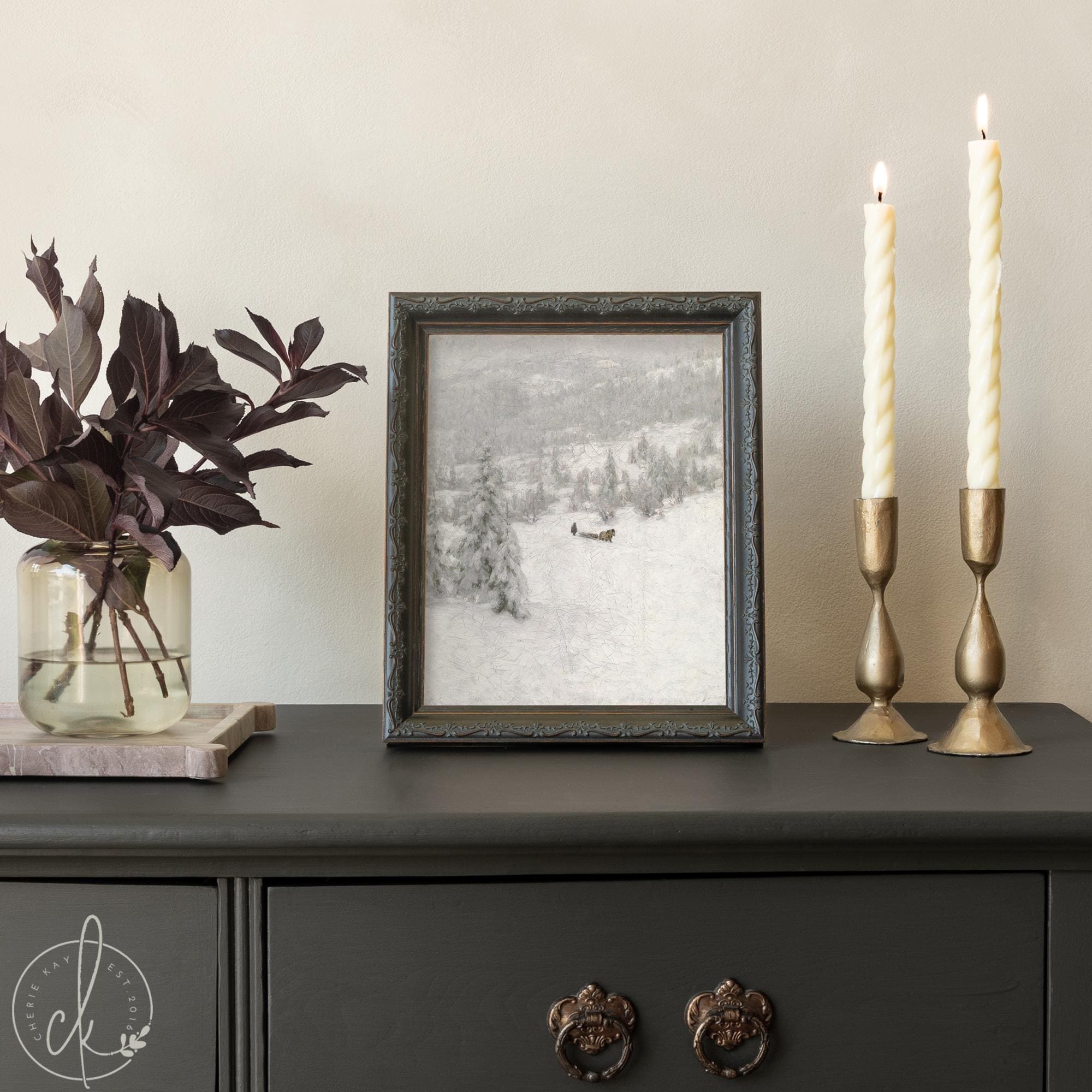 Vintage Christmas Wall Decor | Framed Snowy Landscape Painting