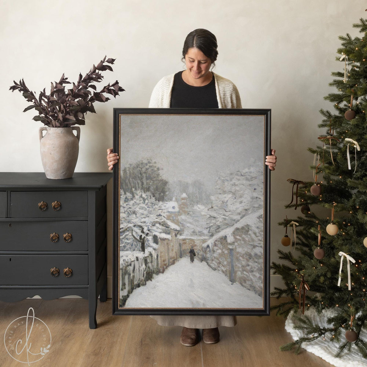 Framed winter village painting wall art featuring Snow at Louveciennes by Alfred Sisley.