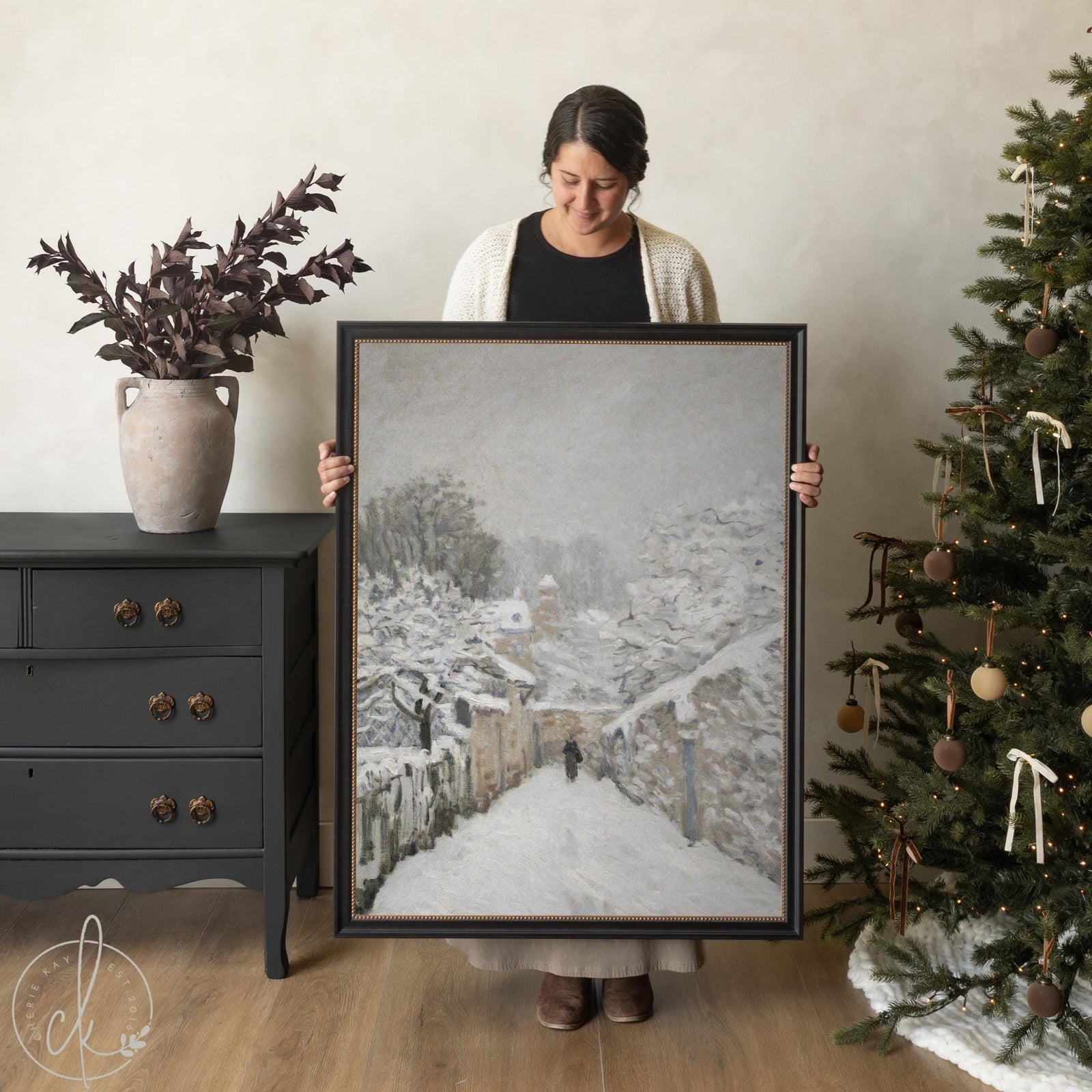 Framed winter village painting wall art featuring Snow at Louveciennes by Alfred Sisley.