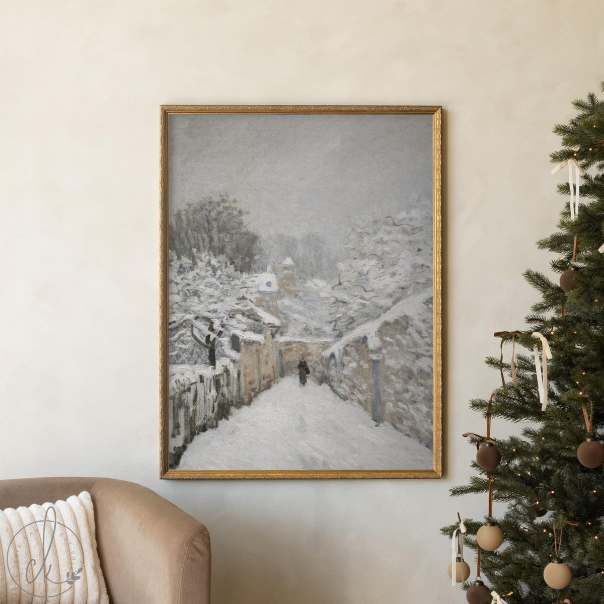 Winter Village Painting | Framed Snow Landscape Wall Art | Impressionist Home Decor | N43
