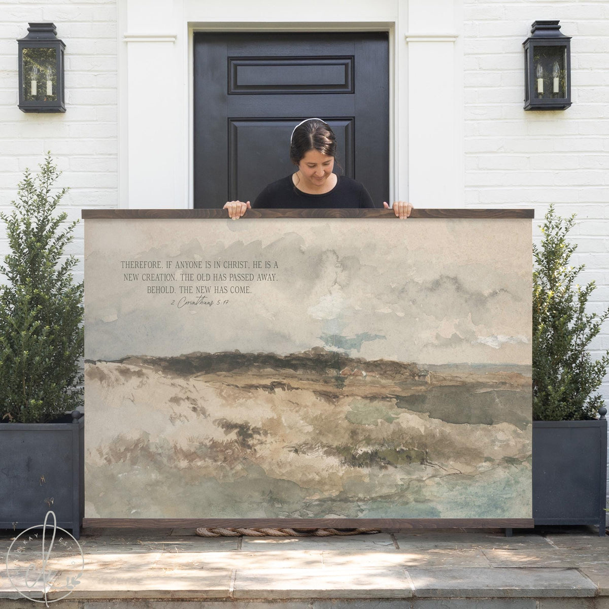 Large scripture wall art with 2 Corinthians 5:17 verse on neutral landscape canvas tapestry.