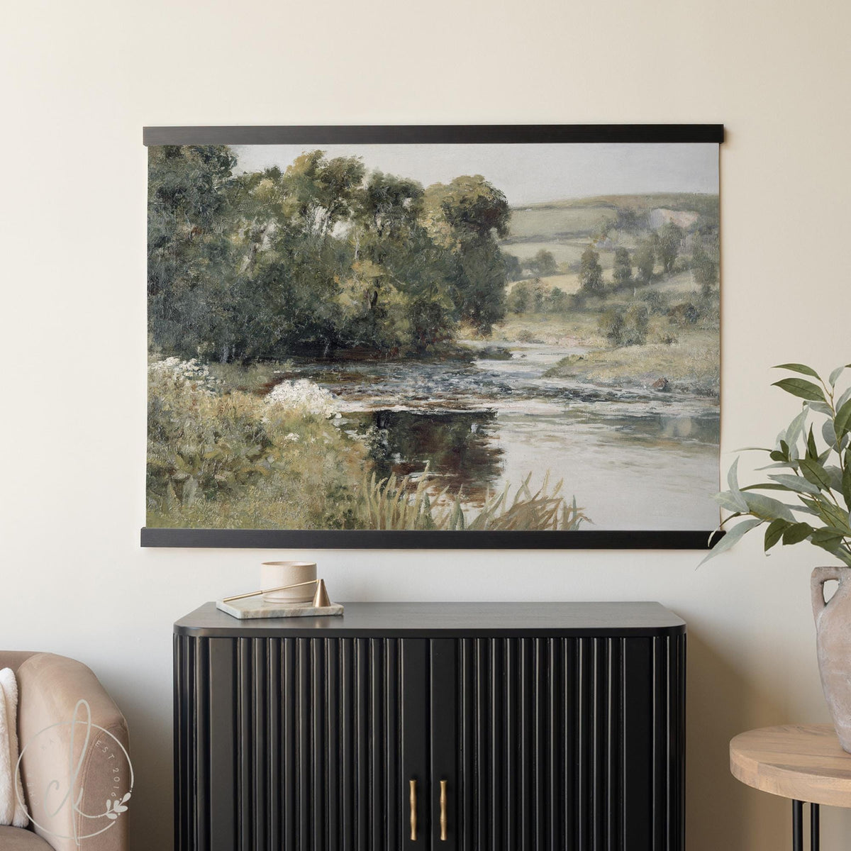 Nature Landscape Painting | Vintage River Canvas Wall Hanging | Large Green Wall Art | T114