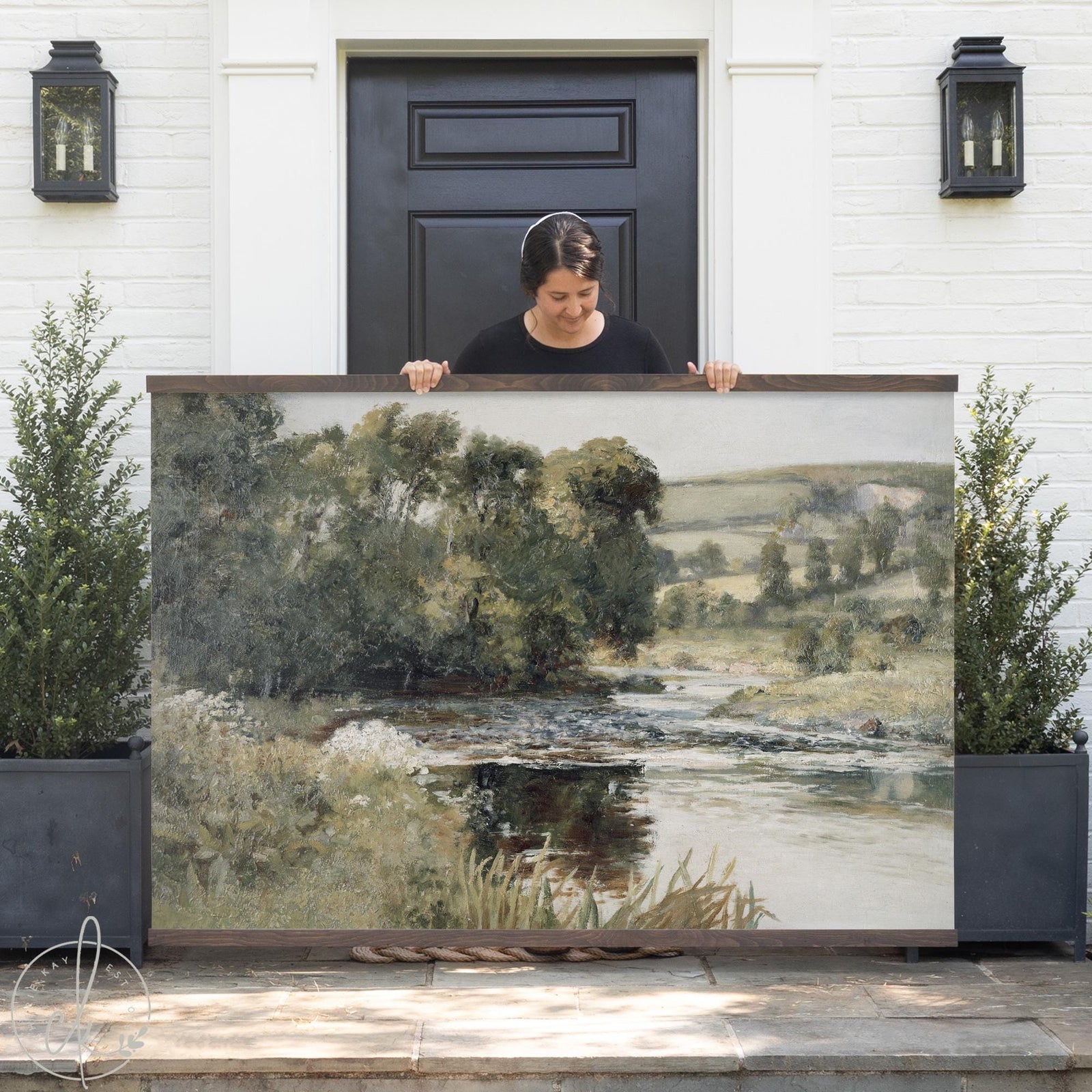 Vintage nature landscape painting on canvas showing English countryside river scene with green hills and golden sky
