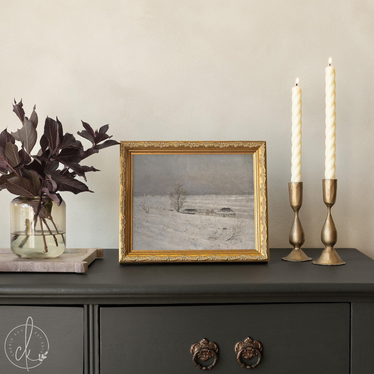 Snowy Landscape Painting | Framed Winter Wall Art | Neutral Home Decor | N107