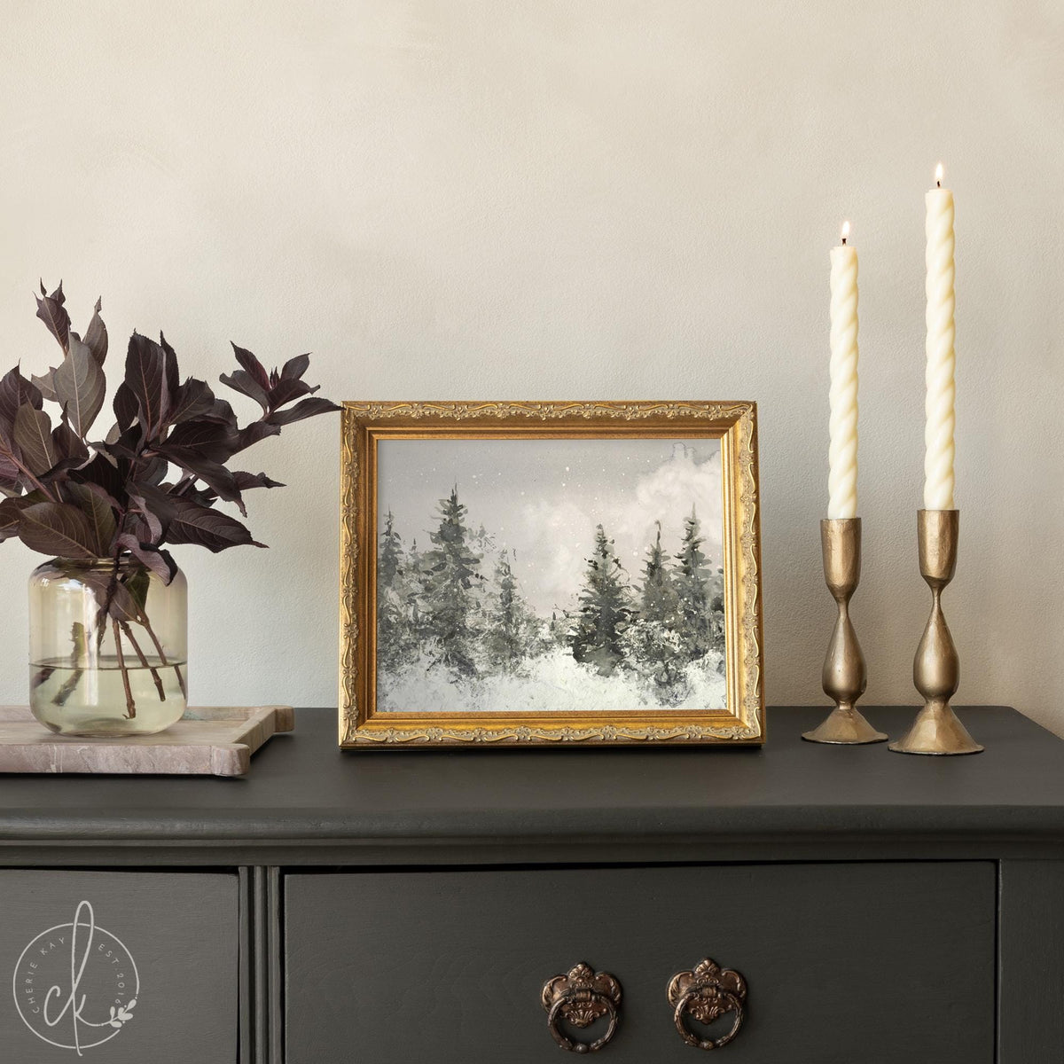 Winter Landscape Painting | Neutral Christmas Wall Decor | Framed Snowy Forest Art | N103