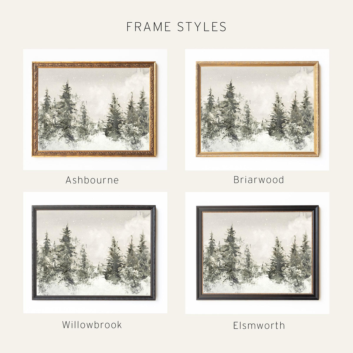 Winter Landscape Painting | Neutral Christmas Wall Decor | Framed Snowy Forest Art | N103