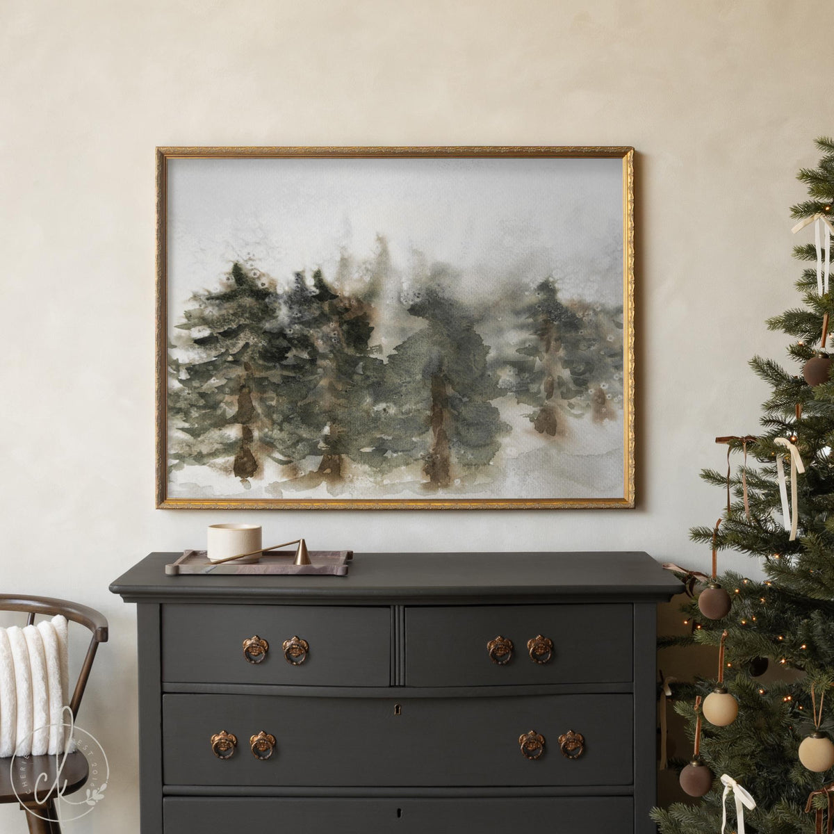Christmas Wall Art | Winter Watercolor Landscape Painting | Framed Pine Tree Wall Decor | N200