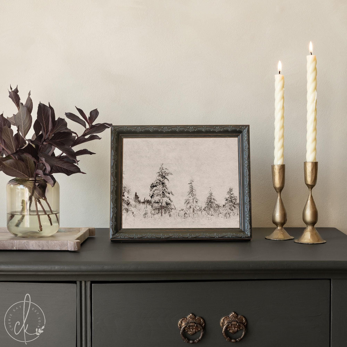 Winter Wall Art | Framed Snowy Landscape | Gold Frame Holiday Decor | N222