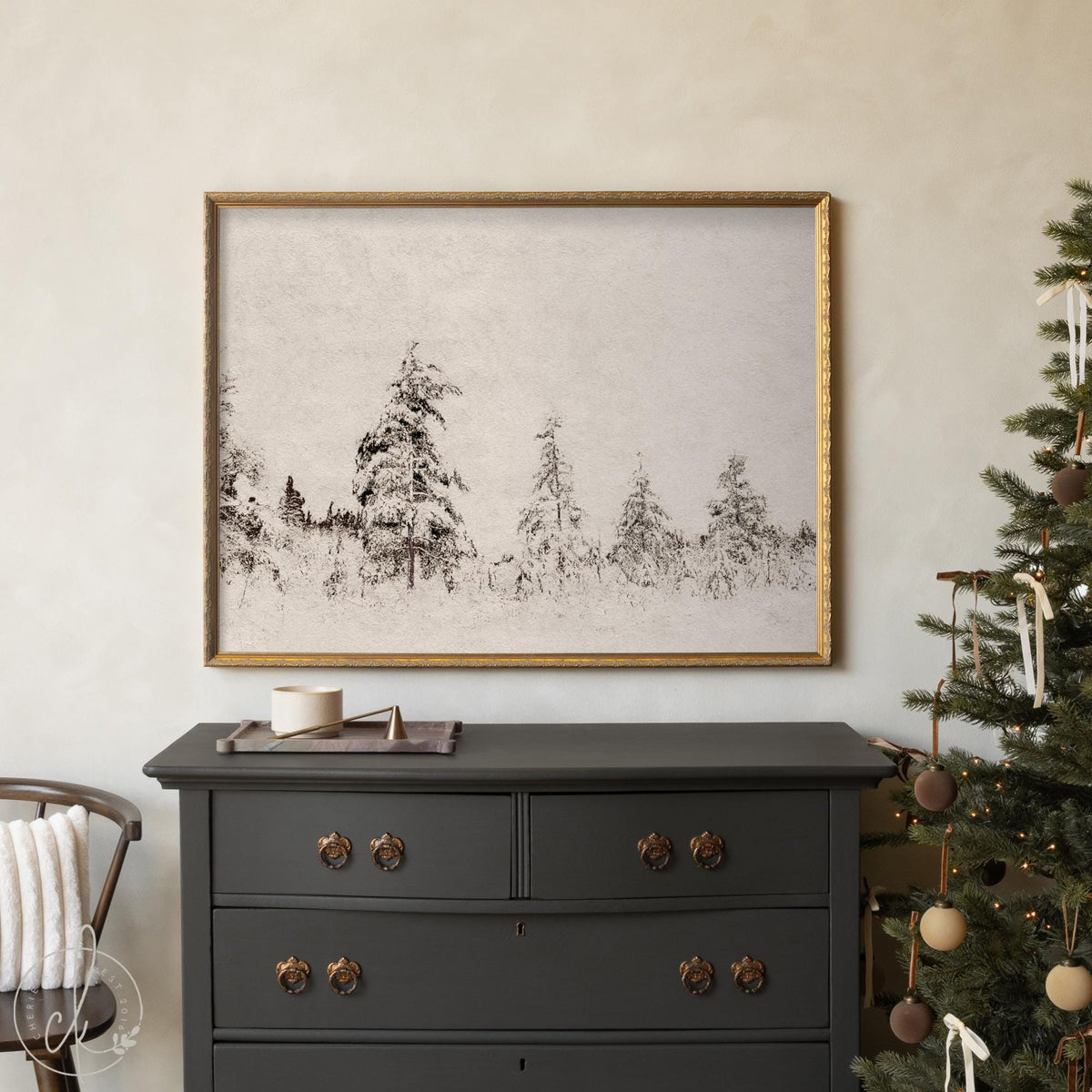 Winter Wall Art | Framed Snowy Landscape | Gold Frame Holiday Decor | N222
