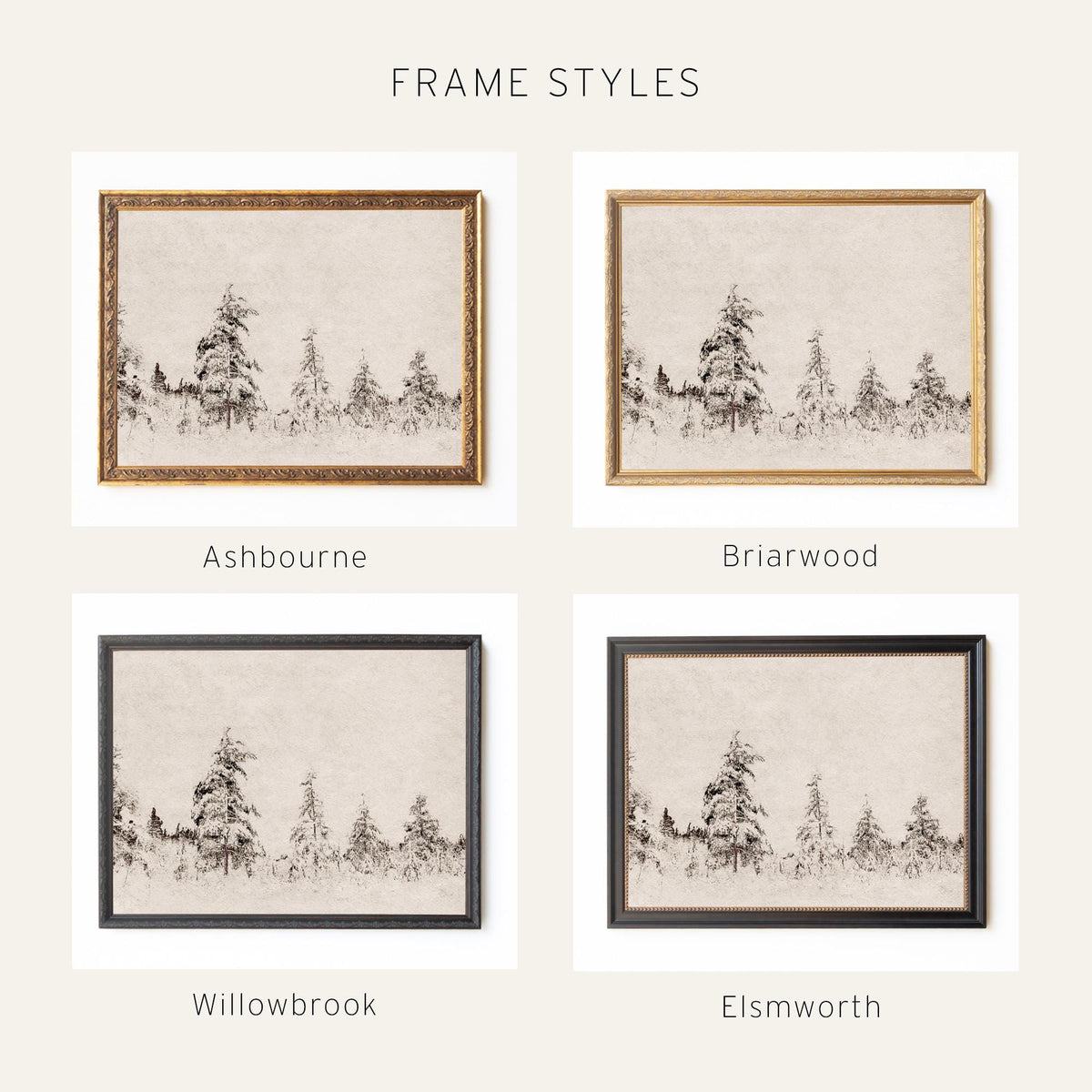 Winter Wall Art | Framed Snowy Landscape | Gold Frame Holiday Decor | N222