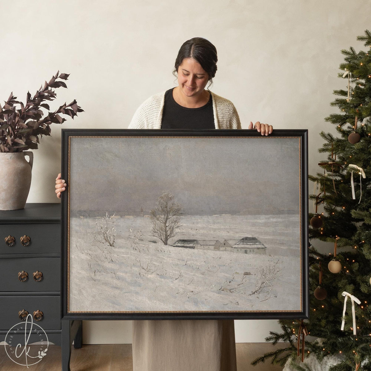 Snowy Landscape Painting | Framed Winter Wall Art | Neutral Home Decor | N107