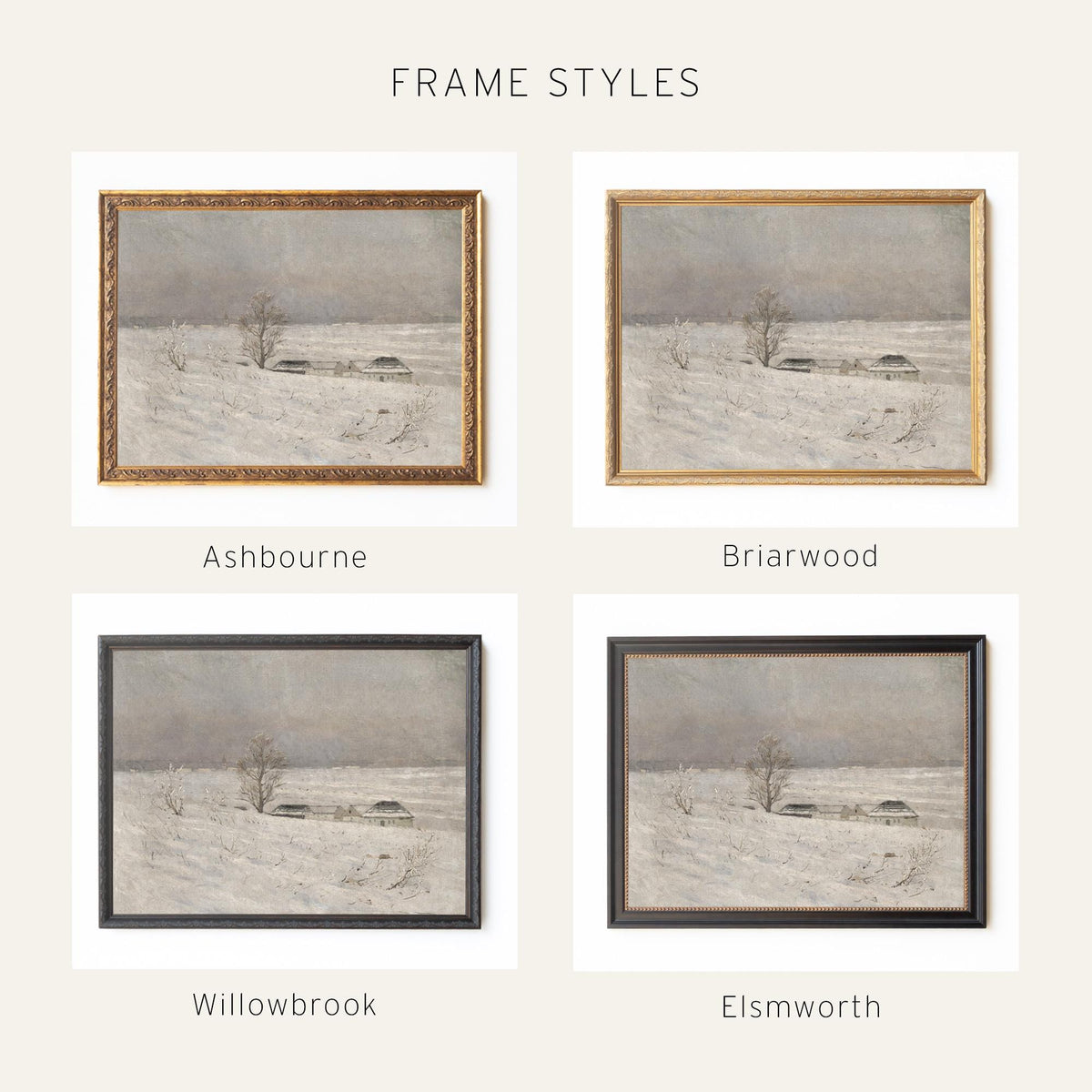 Snowy Landscape Painting | Framed Winter Wall Art | Neutral Home Decor | N107