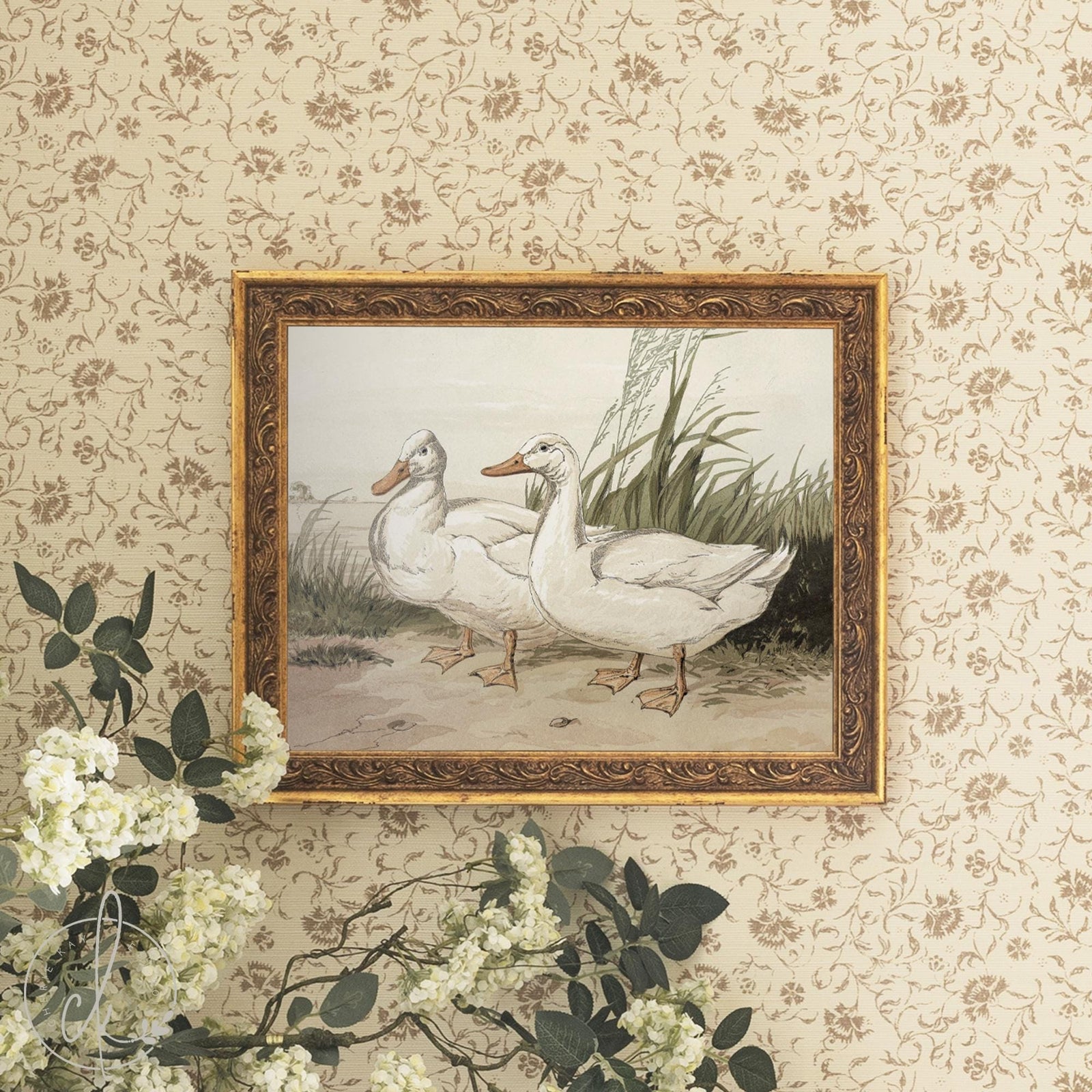 duck painting in vintage gold frame featuring three white ducks with reeds and grass, vintage bird wall art for living room or nursery
