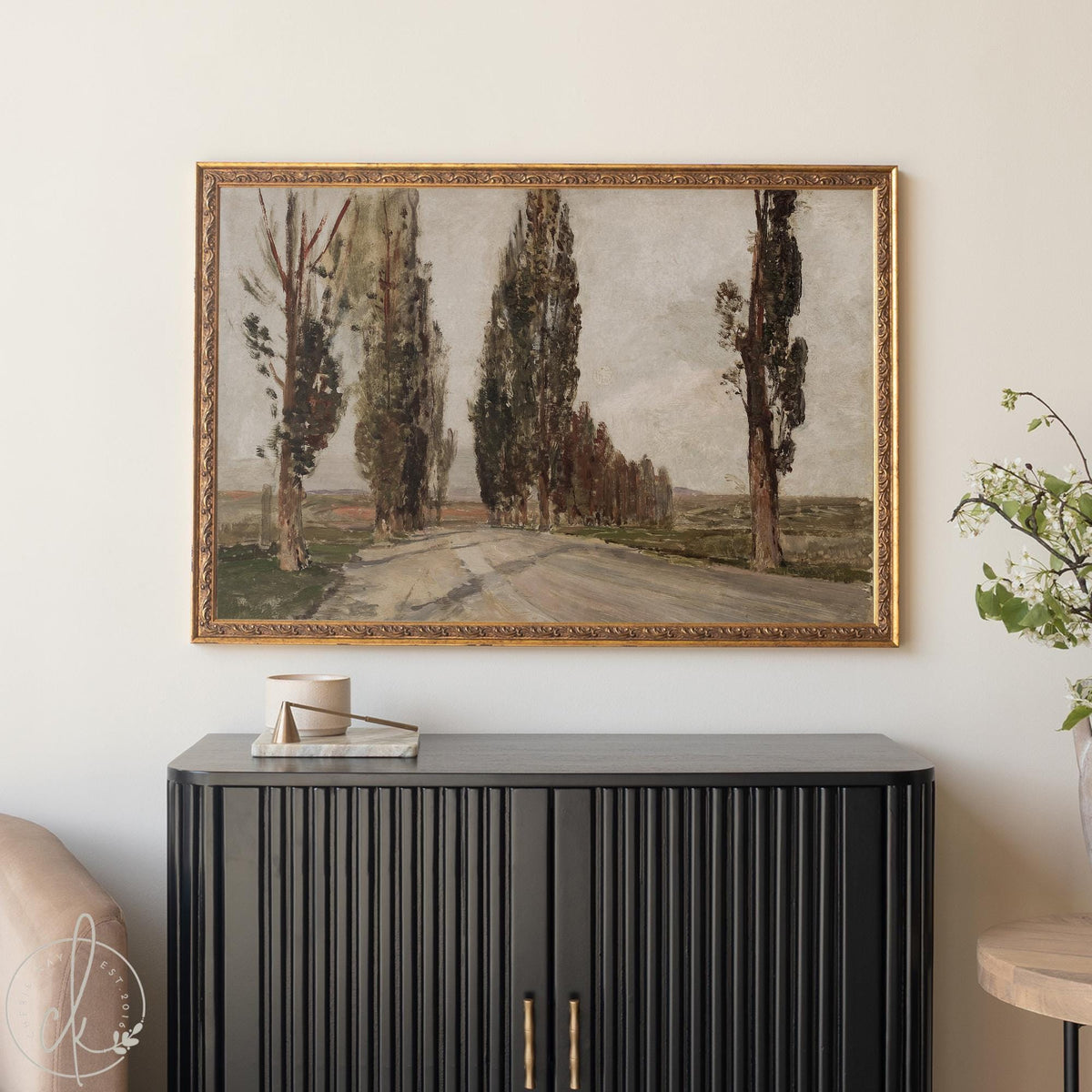 European landscape art print featuring a gold framed vintage tree-lined road 
painting in muted greens and browns