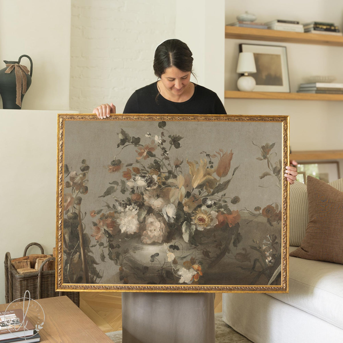 Large floral wall art canvas in vintage oil painting style with peonies and 
tulips in ornate gold frame.