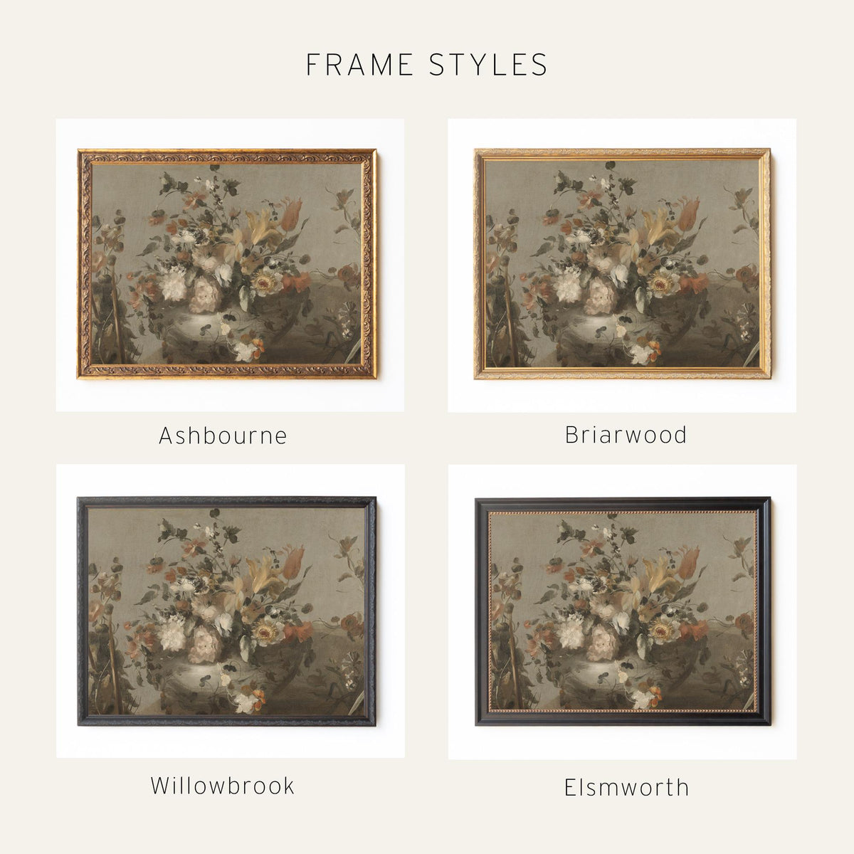 Large Floral Wall Art | Vintage Oil Painting Style | Ornate Gold Framed Canvas | N209