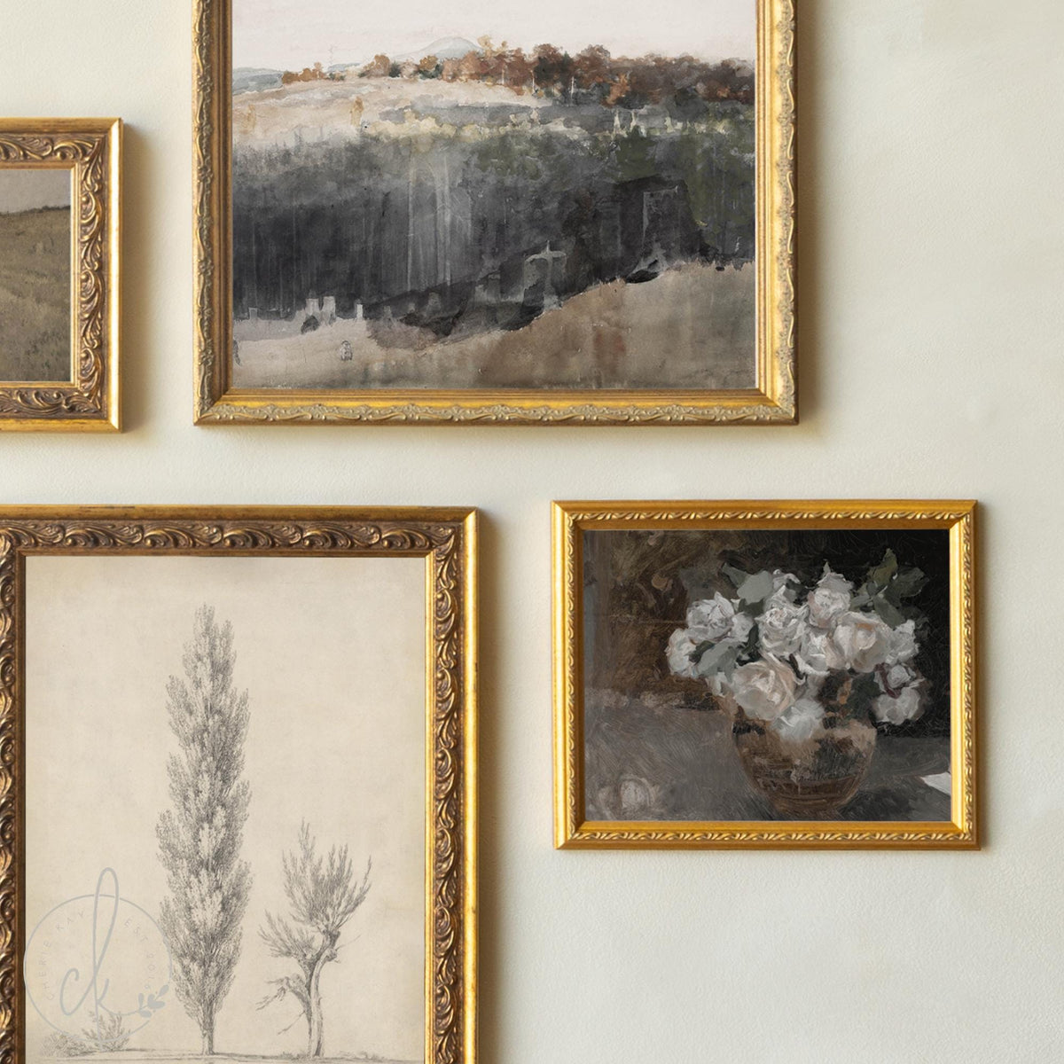 Antique Style Wall Art | Gold Framed Gallery Wall Set | Floral and Landscape Home Decor | G40