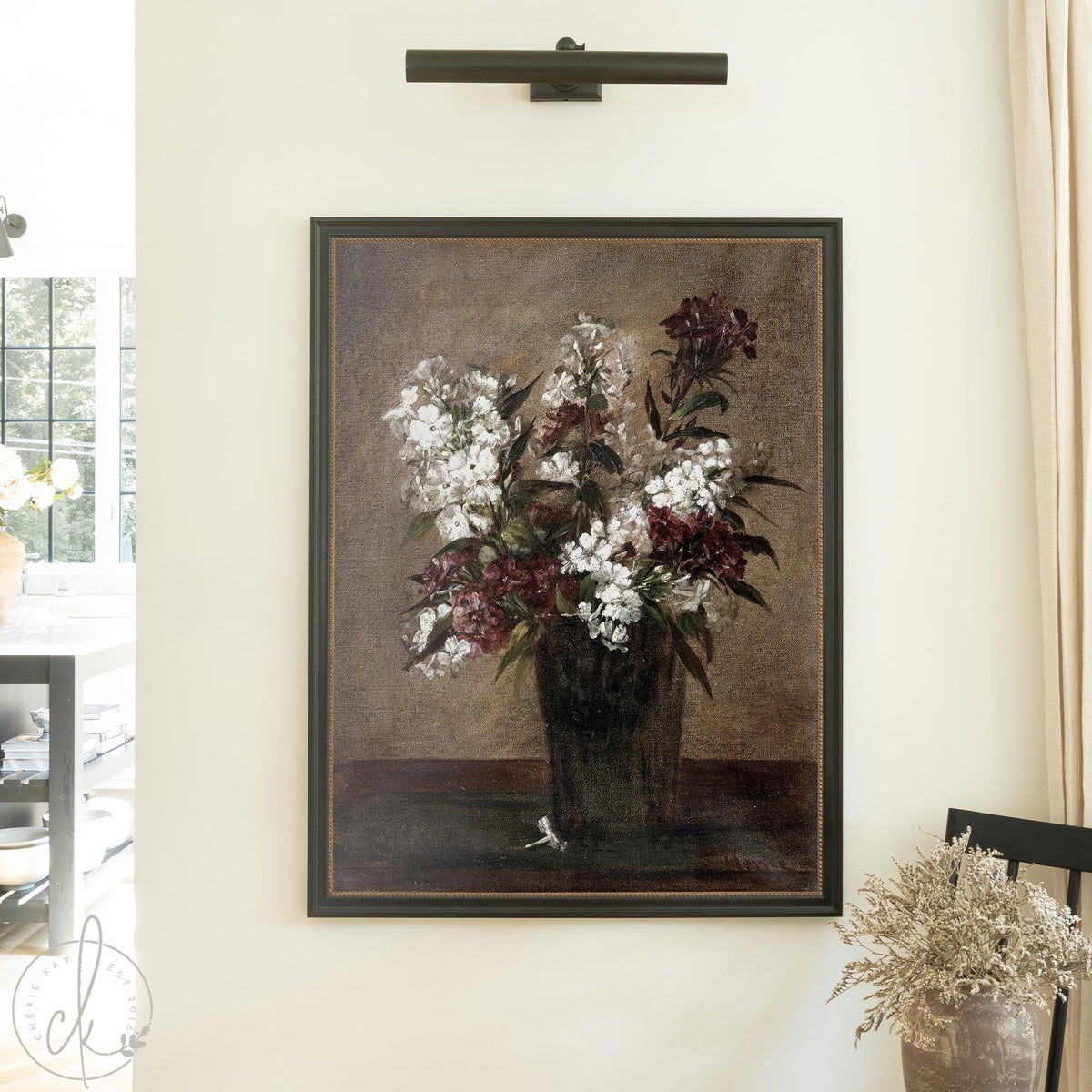Vintage botanical painting featuring an elegant flower bouquet in a classic still life arrangement.