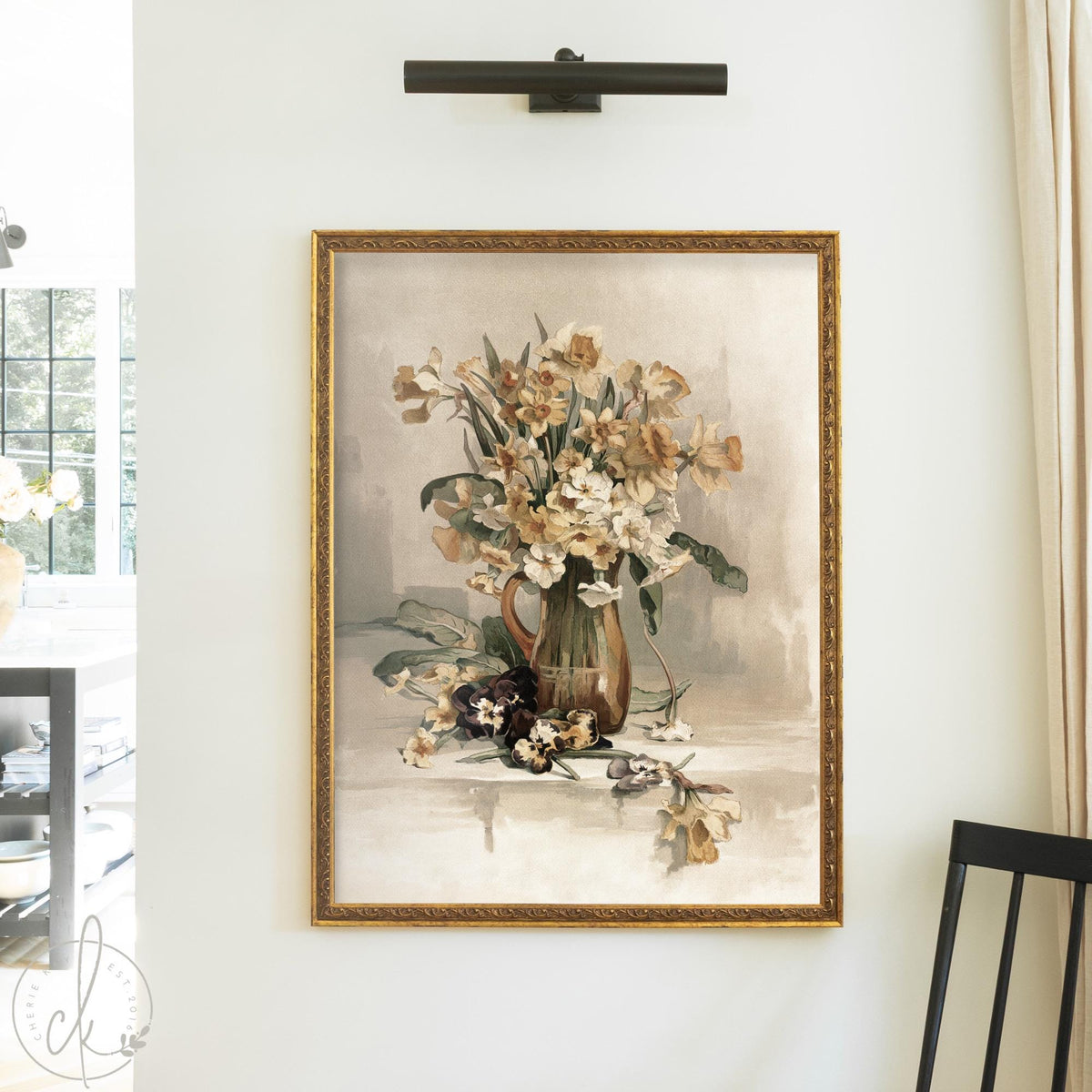 Framed daffodil painting in gold frame, floral still life wall art for home decor.