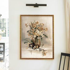 Framed daffodil painting in gold frame, floral still life wall art for home decor.