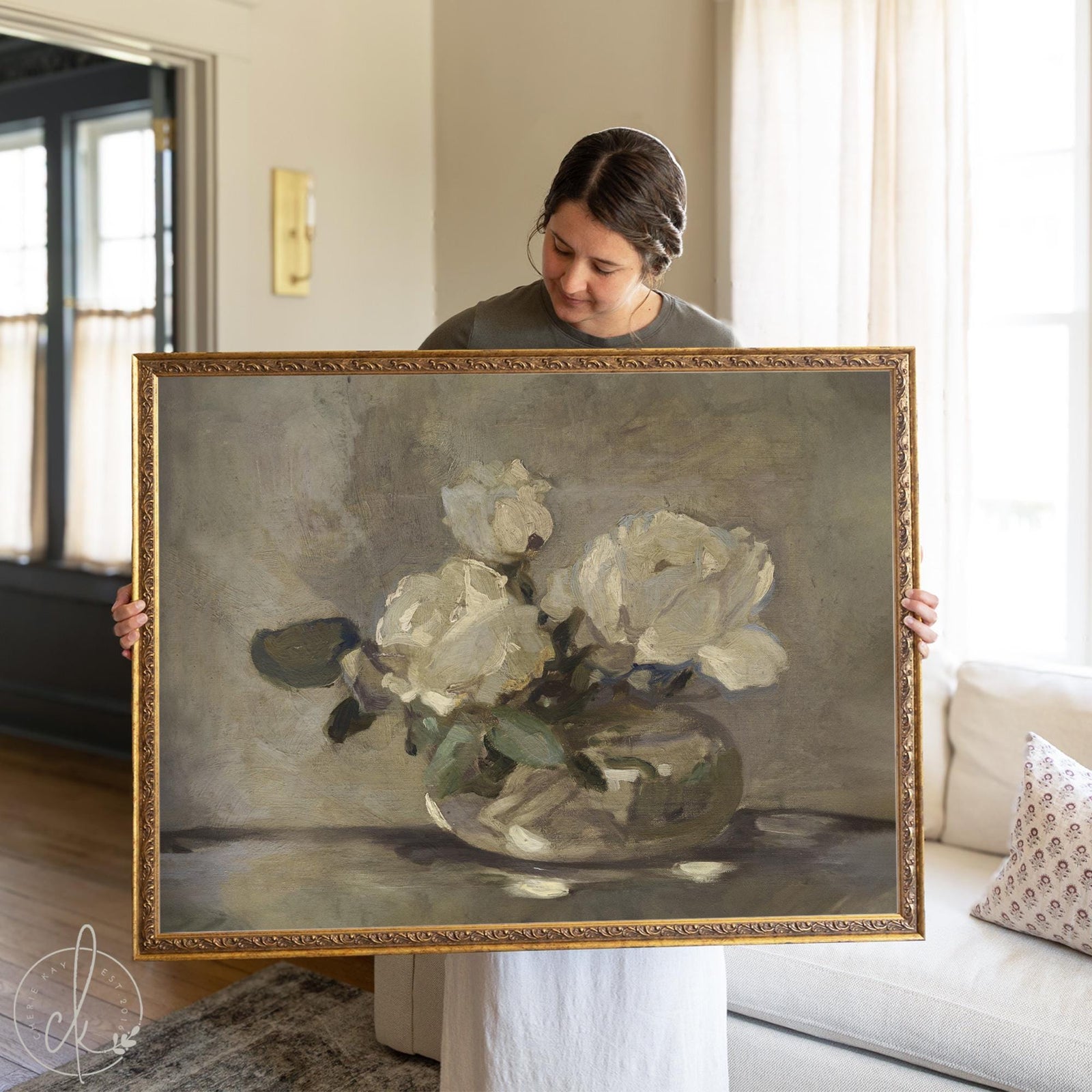 Floral bouquet painting with white roses in ornate gold frame, classic wall art for home.