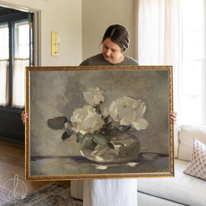 Floral bouquet painting with white roses in ornate gold frame, classic wall art for home.