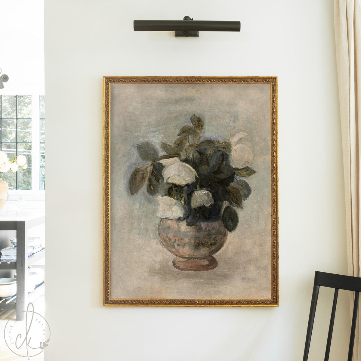 White rose painting reproduction framed in ornate gold – antique floral wall art