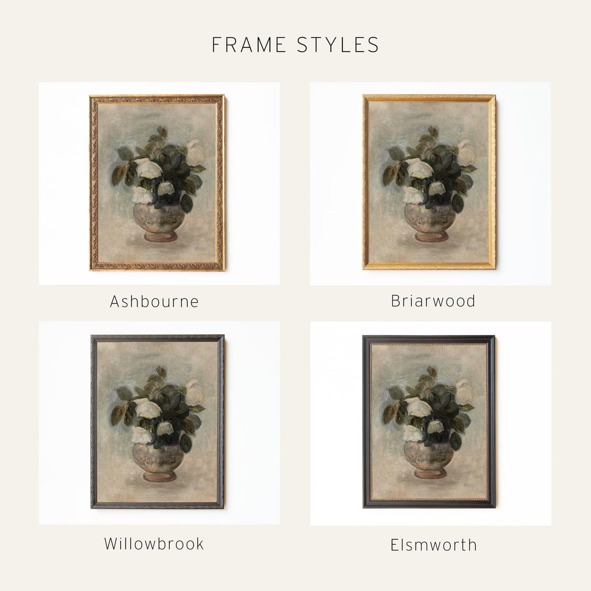 White Rose Bouquet Painting | Antique Floral Wall Art | N80