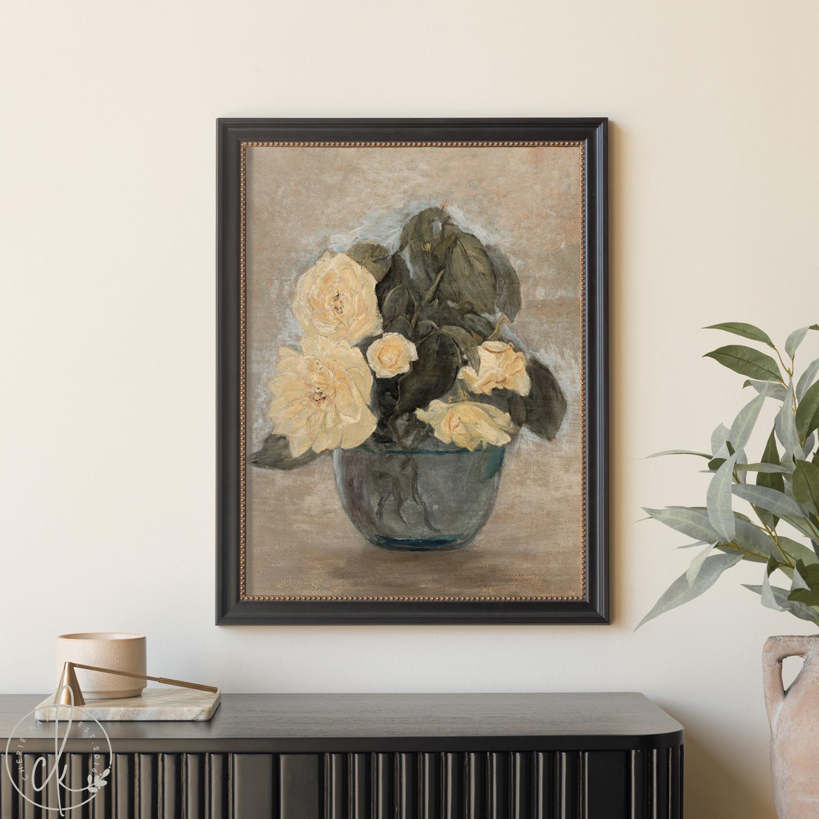Framed antique rose art, a vintage flower painting with yellow roses in a classic still life style.